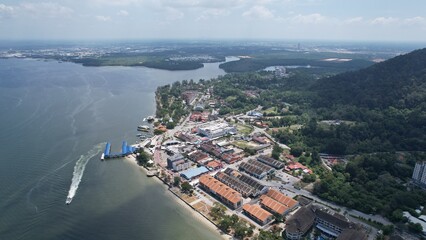 Fototapeta na wymiar Lumut, Malaysia - February 16 2024: Aerial View of the Lumut Waterfront and Marina Island