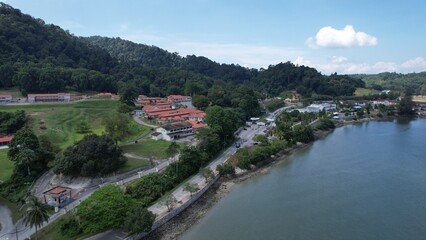 Fototapeta na wymiar Lumut, Malaysia - February 16 2024: Aerial View of the Lumut Waterfront and Marina Island