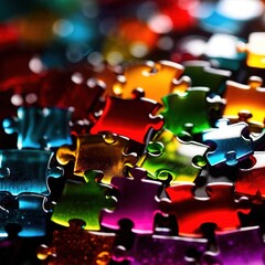 Multicolored glass jigsaw pieces, showing diversity and how different solutions fit together - 741083956