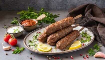 Moroccan food. Traditional homemade kefta of meat. Halal concept. Turkish kebab. Arabic style meal.