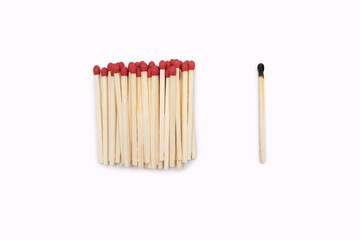 Red matches together and one burnt one isolated on a white background. Matches without a matchbox. Burnt match next to new matches on white with space for text