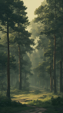 A mist-covered forest with towering trees Calmness atmospheric photo footage for TikTok, Instagram, Reels, Shorts