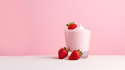 Bowl of strawberry yogurt on a light pink background