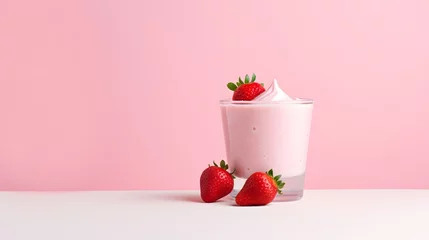 Zelfklevend Fotobehang Bowl of strawberry yogurt on a light pink background © Vladimir