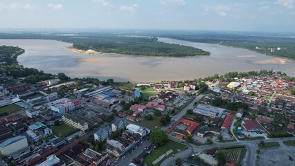 Teluk Intan, Malaysia - February 16 2024: Aerial View of the Leaning Tower of Teluk Intan