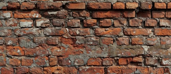 A detailed closeup of a brick wall showcasing the beauty of brickwork, building material, and artistry. The contrast with the green grass enhances the landscape