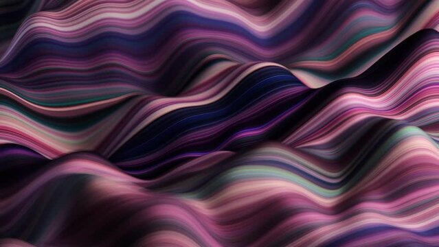 Abstract, fluid, wavy and colorful 3D lines seamless loop animation. Modern and contemporary feel in 4K. Metallic, iridescent and reflective with shades of purple, pink, green, black, magenta