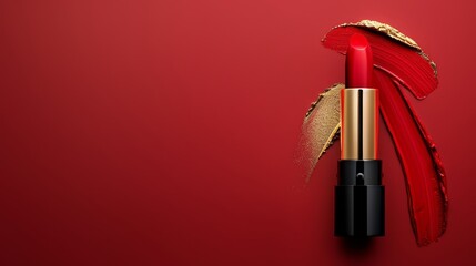 Dark red background with lipstick and smudged stains, copy space for text placement
