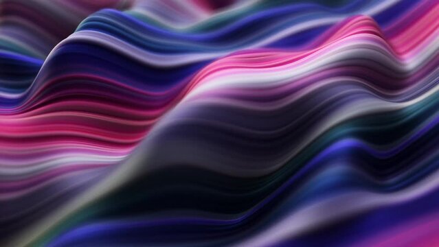 Abstract, fluid, wavy and colorful 3D lines seamless loop animation. Modern and contemporary feel in 4K. Metallic, iridescent and reflective with shades of purple, magenta, pink, blue, black