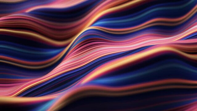 Abstract, fluid, wavy and colorful 3D lines seamless loop animation. Modern and contemporary feel in 4K. Metallic, iridescent and reflective with shades of purple, orange, blue, yellow, red