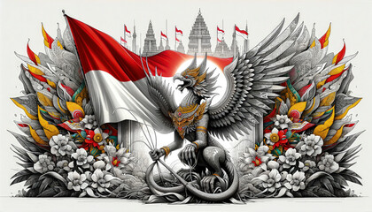 Indonesian Flag With Garuda Drawing