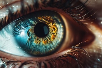 A Close Up Of A Person 's Blue Eye With A Yellow Pupil - obrazy, fototapety, plakaty