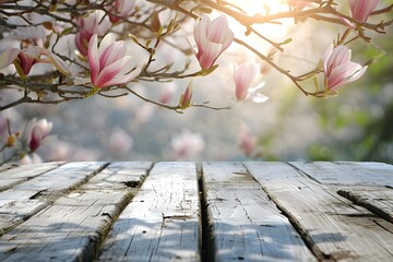 An empty wooden table with a blooming pink magnolia tree in the background