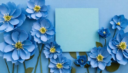 Background of blue paper flowers with empty space for text or greeting card design. Postcard for International Women's Day and Mother's Day.