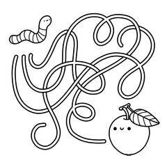 Simple maze game. Find a way from cute little worm to apple. Black and white ready to print worksheet for preschool fun activity. Outlined vector illustration for kids.