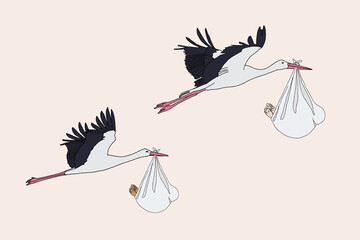 Hand-drawn flying storks with newborns in flat design