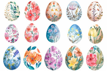 set of colorful nature inspired Easter eggs with flower patterns isolated on white