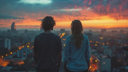 couple on balcony looking at city at night - obrazy, fototapety, plakaty