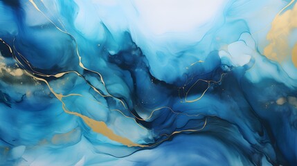 Abstract blue liquid background with glitter golden line and splash. Marble alcohol ink, luxury fluid art painting
