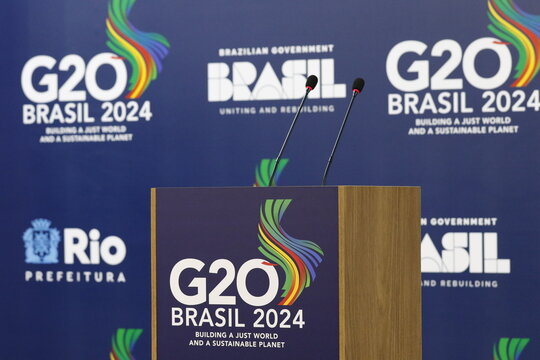 G20 Brazil 2024 Summit logo on a wall. Symbol of the Group of 20 meeting, where countries leaders address issues related to global economy - Rio de Janeiro, Brazil 02.20.2024