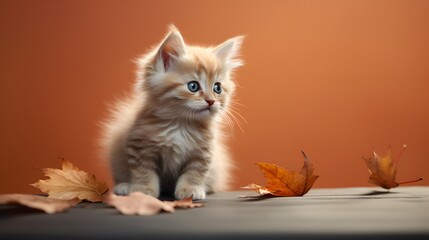 Naklejka na ściany i meble Cute cat on an orange background with autumn leaves