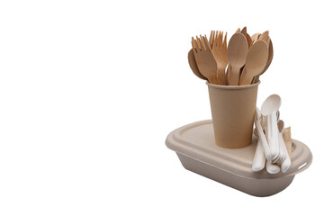 A set of disposable paper take away food box, wooden spoon, folk and paper cup and compostable paper spoons. Ideal for delivery meal, party, picnic etc., Eco friendly concept.