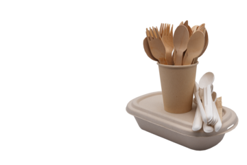 A set of disposable paper take away food box, wooden spoon, folk and paper cup and compostable paper spoons. Ideal for delivery meal, party, picnic etc., Eco friendly concept.