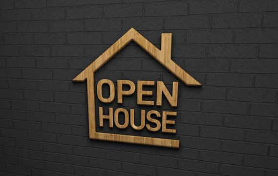 Rustic Open House Sign Logo - 3D Wooden Text on a Textured Black Brick Wall Background, Perspective View