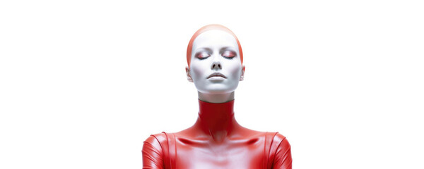 Young beautiful redhead woman with closed eyes in red latex suit isolated on white background. Horizontal banner for beauty salon, aesthetic medicine clinic, plastic surgery with copyspace for text