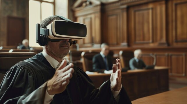 judge with a suit and virtual reality glasses in a court giving a real verdict in high resolution