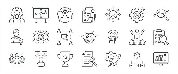 Management minimal thin line icons. Related teamwork, employemnt, planning, monitoring. Editable stroke. Vector illustration.