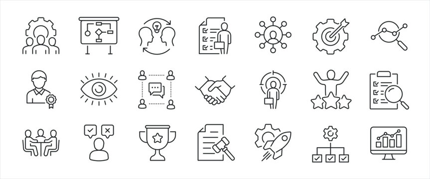 Management minimal thin line icons. Related teamwork, employemnt, planning, monitoring. Editable stroke. Vector illustration.