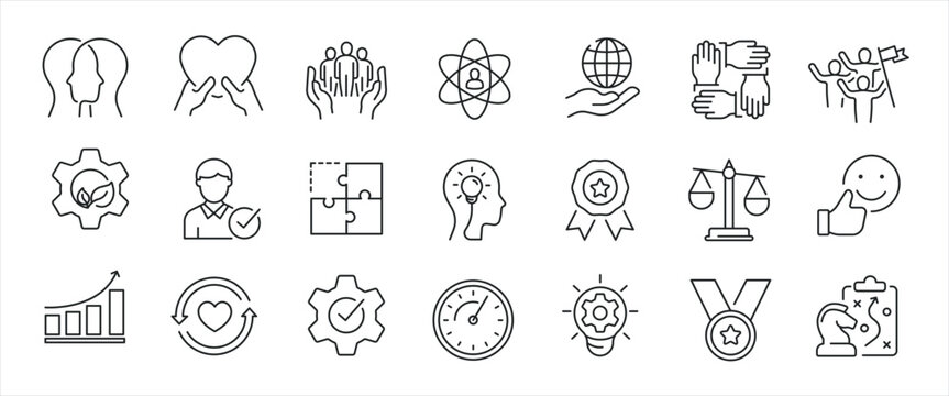 Core values minimal thin line icons. Related grwoth, strategy, creativity, innovation. Editable stroke. Vector illustration.