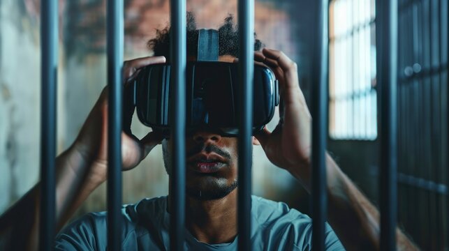 man imprisoned in a prison with real virtual reality glasses inside a prison in high definition and quality hd