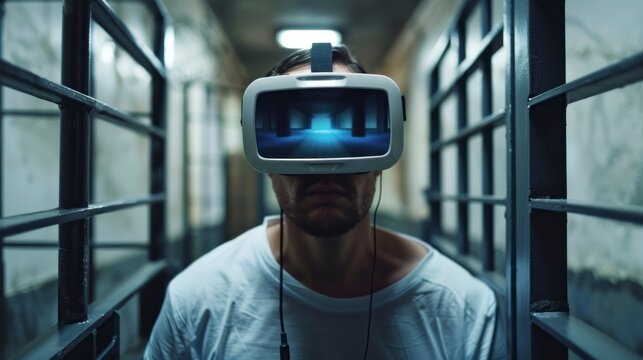man imprisoned in a prison with real virtual reality glasses inside a prison in high definition and high quality 4K