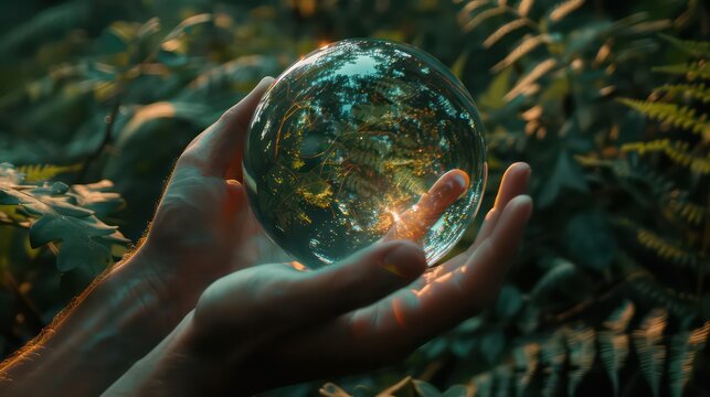 Human hand holding globe planet glass In green forest with bokeh nature lights. world environment day. concept for environment conservation, protect ecology earth and environmental eco-friendly life.