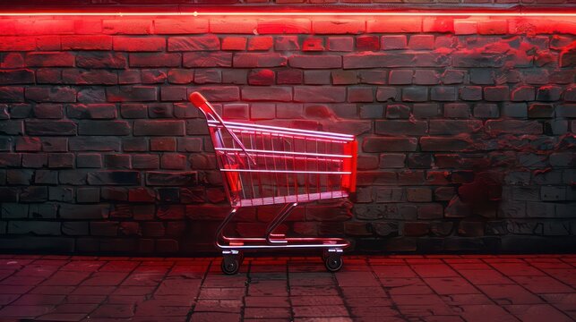 Shopping trolley in trendy neon light. Concept art. Minimalism