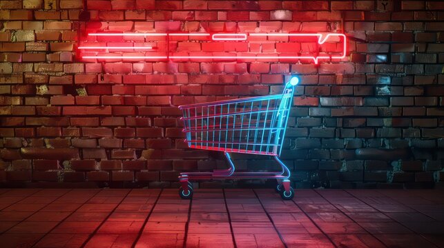 Shopping trolley in trendy neon light. Concept art. Minimalism