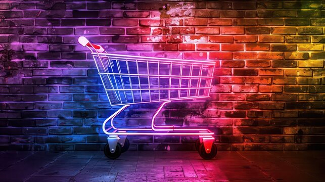 Shopping trolley in trendy neon light. Concept art. Minimalism