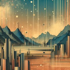 Abstract Retro Streaming Mountains with Setting Sun Through it all Background with Rough Textures. Mid Century Modern Evolution of Yesterday you said Stock Market Investment Tomorrow. AI Abstract Art. - obrazy, fototapety, plakaty