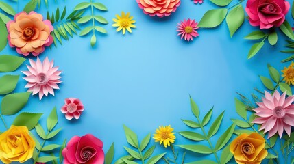 Fototapeta na wymiar top view of colorful paper cut flowers with green leaves on blue background with copy space