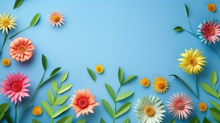 Fototapeta na wymiar top view of colorful paper cut flowers with green leaves on blue background with copy space