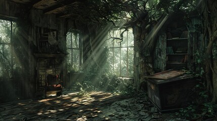 Whispers of Nature Reclaiming, Sunlight Through an Abandoned Conservatory - obrazy, fototapety, plakaty