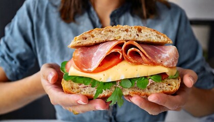 Advertising image of a woman holding a delicious whole wheat bread sandwich with vegetables, ham and cheese.