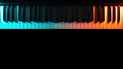 Keyboard instrument (piano, grand, synthesizer) with colored lighting - blue and orange light, low key, minimalistic. Atmospheric music, concert, advertising of music training courses. Copy space.