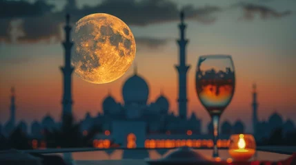 Zelfklevend Fotobehang Romantic Full Moon Dinner Overlooking the Grand Mosque of Abu Dhabi © Ziyasier