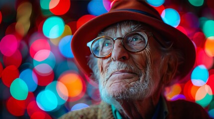 Bokeh Brilliance, Contemplative Senior Man Amidst a Sea of Lights