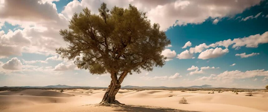Desert landscape with one tree, time-laps cloud video , minimal landscape 