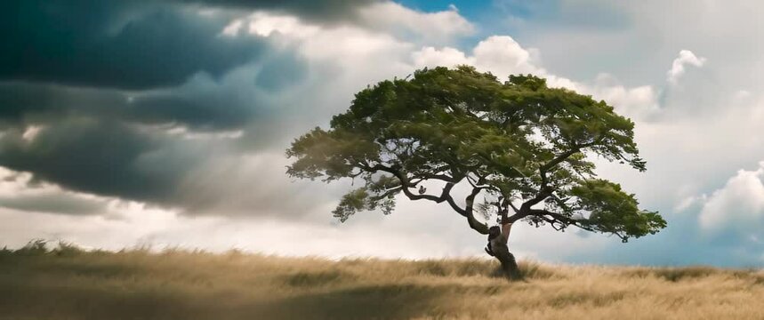 landscape with tree timelapse clouds, Minimal one tree field, 