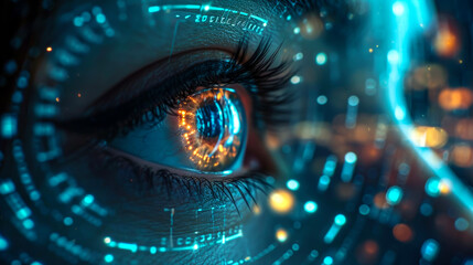 close-up of an eye with artificial intelligence in the retina. Digital eye data network and cyber security technology background.